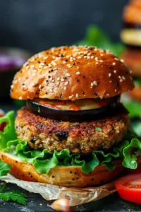 Delicious White Bean Eggplant Burger served with fresh toppings