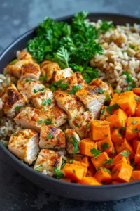 Delicious wholesome chicken and sweet potato rice bowl for a healthy meal